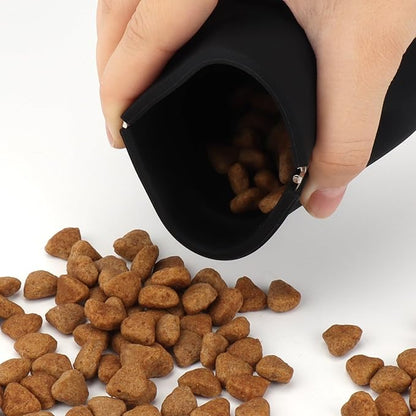 WALLFID Silicone Dog Treat Pouch, Auto Closure, with Pet Training Clicker, Walking Bag for Dog and Cat, Pocket Size, Easy to Clean, Odorless, Travel Bag (Black)