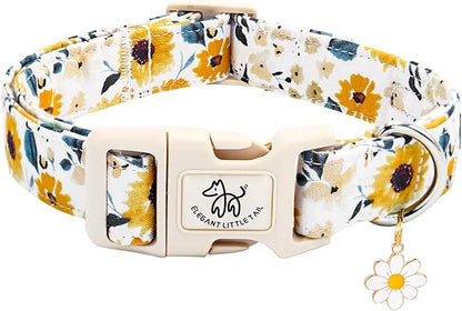 Elegant little tail Dog Collar, Sunflower Pattern Pet Collar Cute Durable Spring Female or Male Adjustable Cotton Pet Collar with Quick Release Buckle for Large Dogs