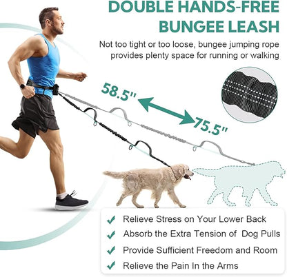 Hands Free Dog Leash with Pouch, Double Leash for Two Dogs, Retractable Bungee with Double Padded Handles, Waist for Dog Walking, Running for Dogs, Dog Walking Accessories
