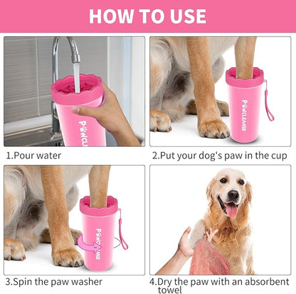 Professional 7 in 1 Dog Paw Cleaner for Dogs & Cats - Includes 1 Portable Paw Washer, 1 Bath Brush, 2 Dog Toothbrushes and 3 Absorbent Towels Note: Fits Paws 2.5 to 3.5 Inches Wide (Large, Pink)