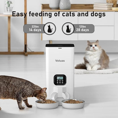 Voluas Automatic Cat Feeder for Two Cats, Double Pet Feeder with 2 Stainless Steel Bowls,6L Timed Cat Feeders with Memory Function
