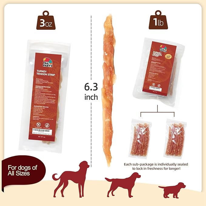 TailParty Turkey Tendons for Dogs with Fish Oil & Taurine: Soft Natural Dental Chew Stick & Puppy Training Treats Long Lasting Snack for Health-Conscious Pet Owners(Strips, 1lb)