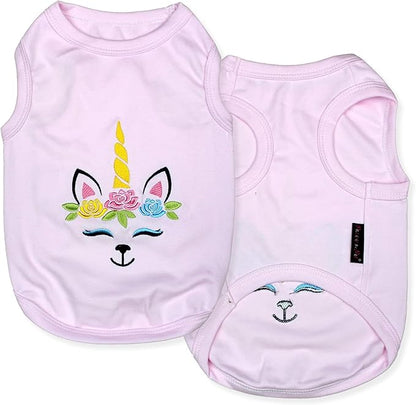 Parisian Pet Dog Tshirt - Embroidered Unicorn Dog Shirt - 100% Cotton, Lightweight Puppy Clothes Female - Sleeveless Pink Dogs Tee Shirts - Shirts for Small Dogs Girl - XS
