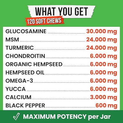 Hemp Treats - Dog Joint Supplement - Mobility Support Chews w/Glucosamine Chondroitin, Turmeric, MSM - Hip & Joint Chews - Joint Pain Relief Treats - 120Ct