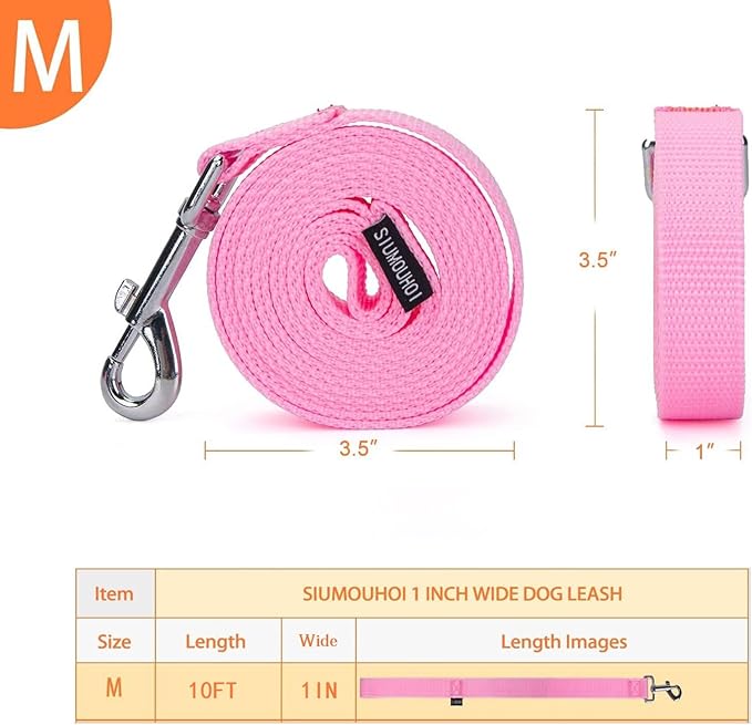 10 ft Strong Durable Nylon Dog Training Leash, Traction Rope, 1 Inch Wide, for Small and Medium Dog (Pink, 10 Feet)