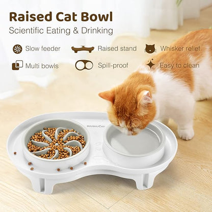 Elevated Cat Slow Feeder Bowl: Anti-Vomiting Bloat Stop Raised Food & Water Bowl for Kitten Healthy Eating - No-Spill/Non-Slip Shallow Puzzle Bowl for Puppy Small Dogs