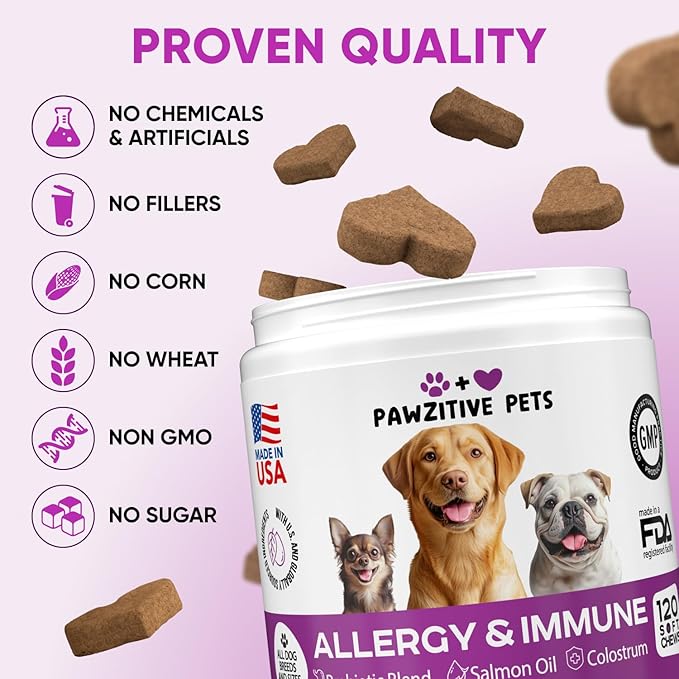 Dog Allergy Relief Chews for Itchy Skin - Seasonal and Food Allergy Chews for Shedding, Licking Paws, Hot Spot, Ears - USA Product - Omega 3 Fish Oil Skin & Coat Supplement - Anti Itch Immune Treats