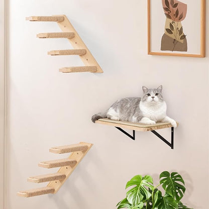 Cat Climbing Shelves Four Stair Shelf Wall Mounted Reversible Left & Right Direction, Cat Stairway Shelf for Climbing with Sisal Rope Ladder Wall Pets Furniture