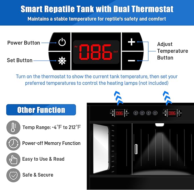 PVC Reptile Tank Enclosure-40 Gallon Intelligent Bearded Dragon Tank, Front Opening Reptile Terrarium 39x15.7x15.7 with Temperature Controller, Mat & Sliding Door Handle for Snake Lizard Gecko