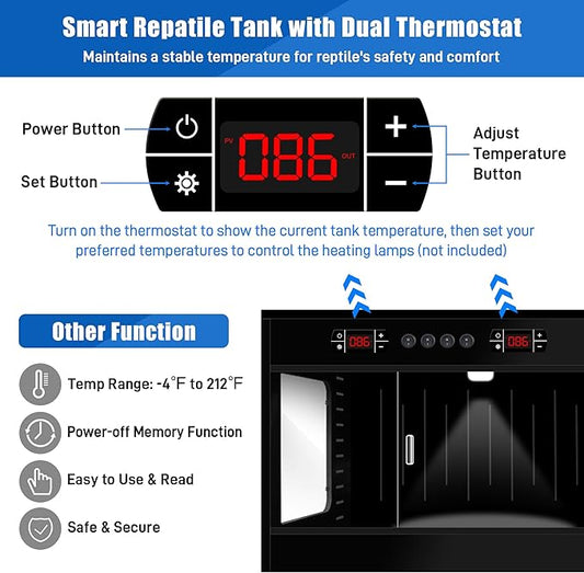 PVC Reptile Tank Enclosure-40 Gallon Intelligent Bearded Dragon Tank, Front Opening Reptile Terrarium 39x15.7x15.7 with Temperature Controller, Mat & Sliding Door Handle for Snake Lizard Gecko