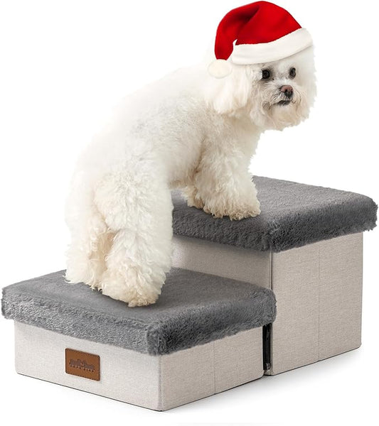 Pet Stair for Small Dogs with Storage, Foldable Dog Ramp with Soft Cover, Older Cat Steps for Chair Couch Sofa, Lightweight, Comfort, 19.7x13x9.6 inch, 2 Tiers, Grey