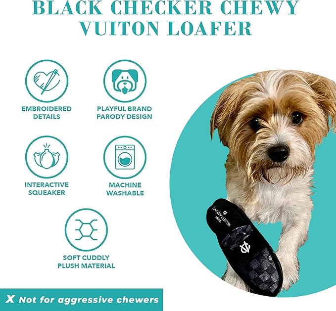 Haute Diggity Dog Black Checker Chewy Vuiton Loafer, Plush Designer Dog Toys with Interactive Squeaker, Stimulating Pet Enrichment, Machine-Washable & Safe Materials for All Breeds, One Size