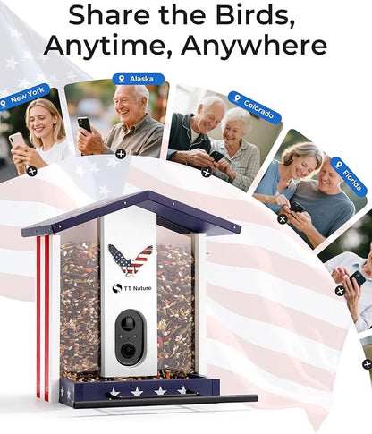 TT Nature Bird Feeder with Camera, Solar Powered Smart Birdhouse Cam with Auto Capture & Bird Identify, Instant Real-time Notifications, 1080P Cam, Gift for Outdoor Birdwatching, Flag Style
