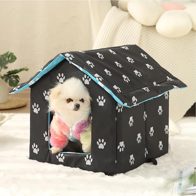 Outdoor Cat House, Cat Houses for Outdoor Cats, Weatherproof Warm and Insulated Cat House with Transparent Curtain Pet House, Stray Cats Shelter (Black, Large-Houses)