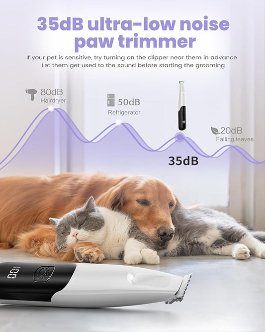 Dog Paw Trimmer with LED Light, 35dB Low Noise Paw Trimmers for Dog's Feet, 2 Speed Safety Electric Dog Clippers for Grooming, Rechargeable Cat Shaver for Paws, Ears, Face, Rump