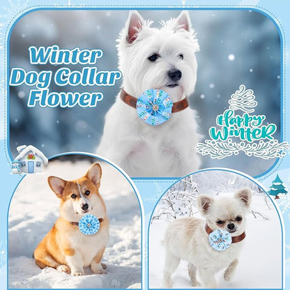 50 Pcs Winter Dog Collar Bows Bulk Blue and White Snowflake Bow Ties Flower Charms Attachment for Small Medium Large Dogs Cats Collar Winter Holiday Costume Accessories