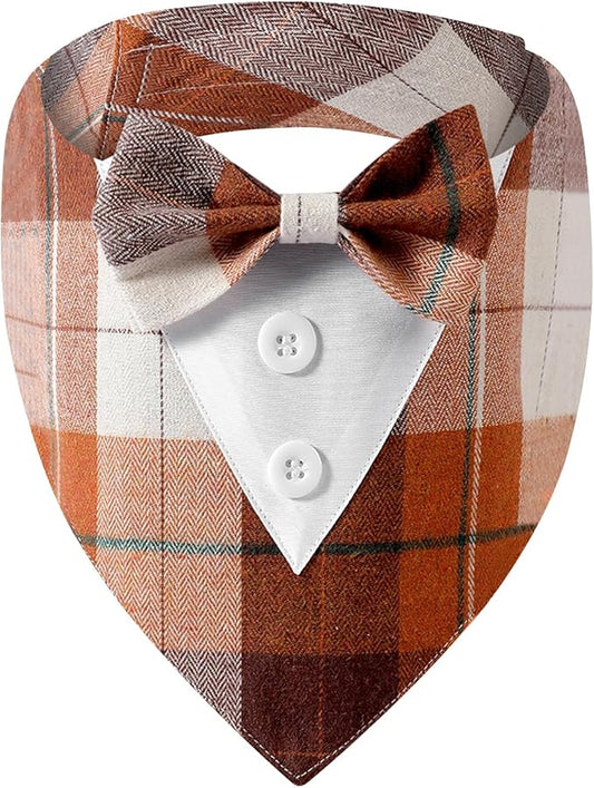 HDGDT Fall Dog Tuxedo Bandana, Orange Plaid Pet Collar with Bowtie, Adjustable Halloween Thanksgiving Dog Tux Costume for Small to Extra Large Pets