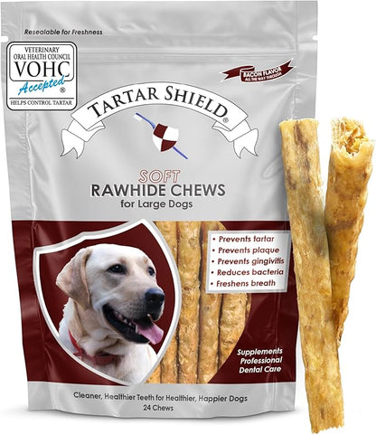 Tartar Shield Soft Rawhide Chews | Safe Dental Treats for Large Dogs | Vet VOHC Approved | Daily Bone Cleans Teeth & Gums Fresh Breath Oral Health Support | USA Made | (Large Dogs / 24 Count)