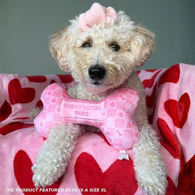 Haute Diggity Dog Pink Checker Chewy Vuiton Bone, Plush Designer Dog Toys with Interactive Squeaker, Stimulating Pet Enrichment, Machine-Washable & Safe Materials for All Breeds, Size XL