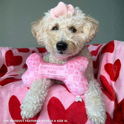 Haute Diggity Dog Pink Checker Chewy Vuiton Bone, Plush Designer Dog Toys with Interactive Squeaker, Stimulating Pet Enrichment, Machine-Washable & Safe Materials for All Breeds, Size XL