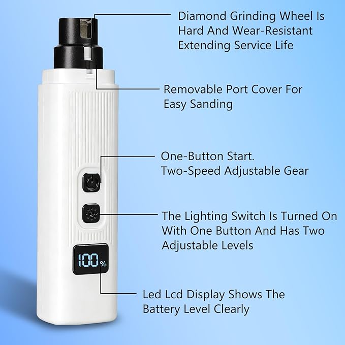Cat Nail, Safe Cut Cat Nail Trimmer, Electric Pet Nail Grinder with LED Lights, Rechargeable Dog Nail Grinder, Two-Speed with 360° Grinding Settings, Ultra-Quiet＆Powerful for All Cats＆Dogs (White)