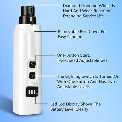 Cat Nail, Safe Cut Cat Nail Trimmer, Electric Pet Nail Grinder with LED Lights, Rechargeable Dog Nail Grinder, Two-Speed with 360° Grinding Settings, Ultra-Quiet＆Powerful for All Cats＆Dogs (White)
