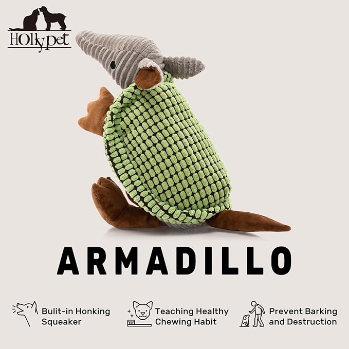 Hollypet Plush Dog Squeaky Toy Stuffed Armadillo Animal Pet Puppy Chew Toys with Clean Teeth for Small Medium Large All Breed Sizes Dogs, Cantaloupe Green, 14 in
