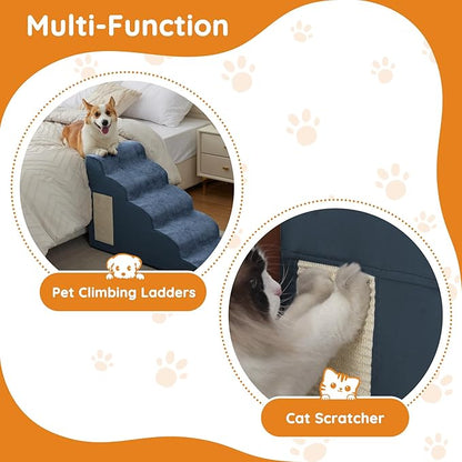 Pet Stairs, Dog Stairs for Small Dogs, Dogs Steps, 5-Step Curved Dog Ramp for Bed, Couch, Sofa, Car and Chairs, Non-Slip Bottom Design, Cat Scratching Board, High Density Foam Portable Pet Step, Navy