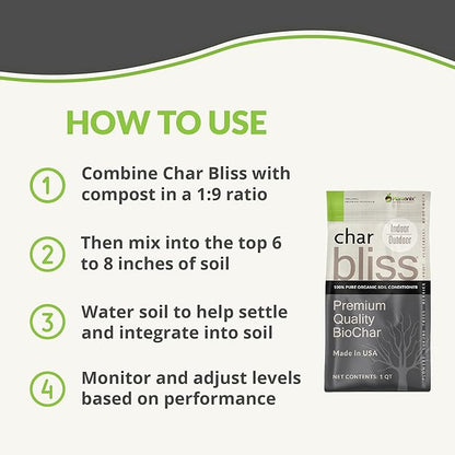 Char Bliss (1 Qt) - Organic Biochar for Plants - OMRI-Listed Biochar Soil Amendment Organic - Horticultural Charcoal for Plants, Gardening, & Potting Soil - 100% Natural and Renewable Bio Char