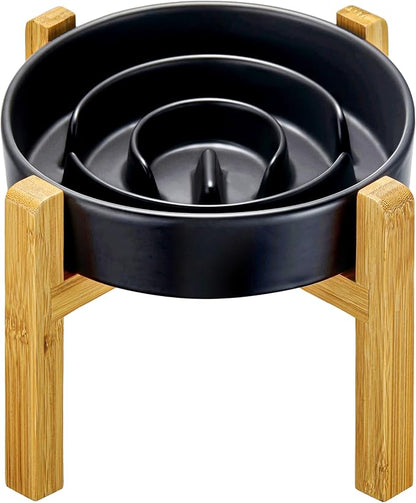 Ceramic Slow Feeder Dog Bowls Elevated, 2.0 Cups Slow Feeder for Medium and Large Dogs, Puzzle Maze Bowl to Slow Down Eating, 30oz, 8in, Black