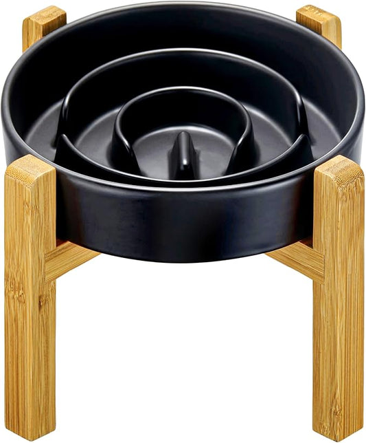 Ceramic Slow Feeder Dog Bowls Elevated, 2.0 Cups Slow Feeder for Medium and Large Dogs, Puzzle Maze Bowl to Slow Down Eating, 30oz, 8in, Black