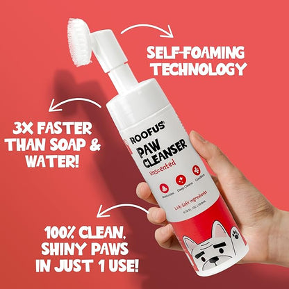 Paw Cleaner for Dogs & Cats, 200ml No-Rinse Dog Paw Cleaner Washer, Gentle Unscented Foaming Cleanser with Built-in-Brush, Paw Cleanser for Repairing & Restoring Cracked Paws (5.07 oz)