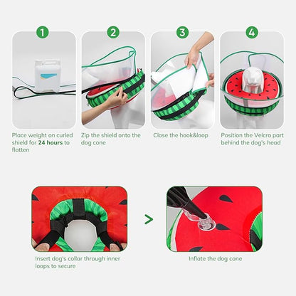 Raised Inflatable Dog Cone After Surgery - Adjustable Recovery Donut Collar with Neck Strap and Removable Anti-Licking Shield - Soft Dog Cone Alternative for Small Medium Large Dogs (Watermelon,XXL)