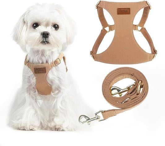 PUPTECK Dog Harness and Leash Set Small Sized, Step-in Cute Puppy Harness, Soft Lightweight Padded Vest, Escape Proof No Pull Pet Harnesses Easy for Walking, Khaki, XXS
