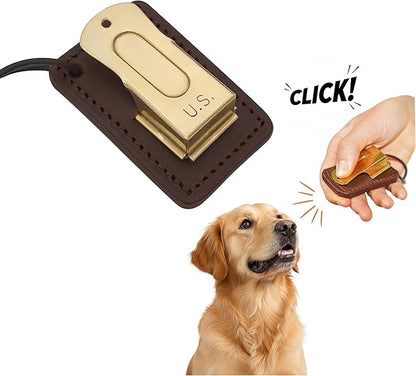 Mythrojan Brass and Steel Pet Training Clicker Puppy Dog Training Cricket Clicker U.S. Engraved WII Military Gear Metal Clicker (Clicker with Leather Gripper)