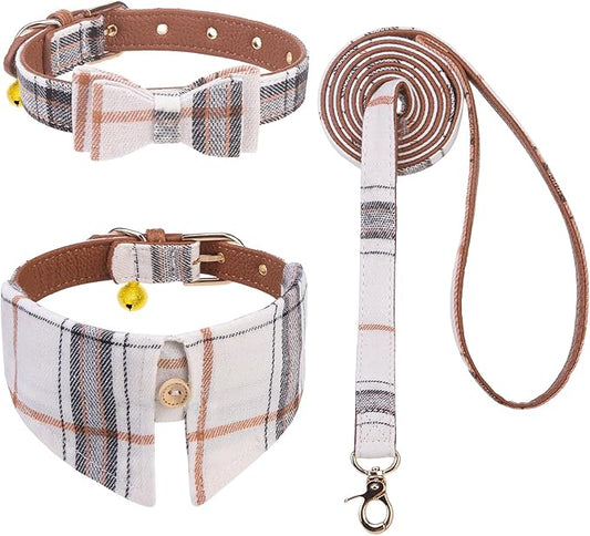EXPAWLORER Puppy Collar and Leash Set - Classic Plaid Small Dog Collar with Bow Tie, Cute Dog Collar and Leash Set, Adjustable Dog Collar for Small Dogs Cats Holiday Birthday Gifts, Beige S-M