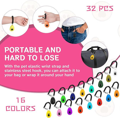 32 Pcs Dog Training Clicker with Wrist Strap Multicolor Pet Behavioral Training Accessories for Dogs Cats Horses Birds