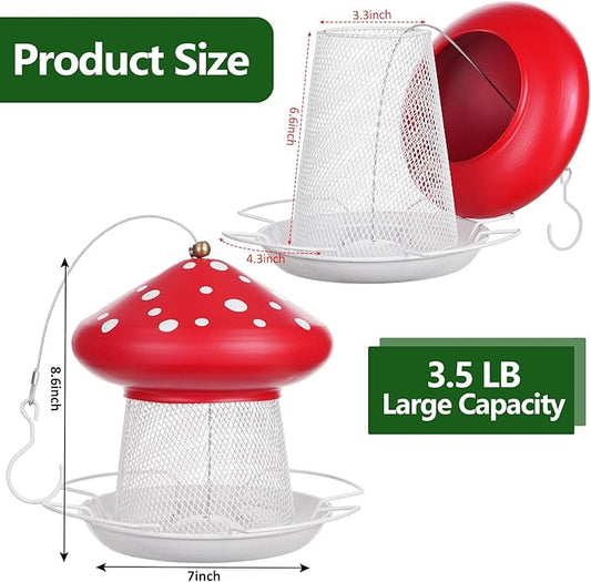 IWNTWY Bird Feeder, Heavy Duty Metal Bird Feeders for Outdoor Hanging, Cute Mushroom Shape 3.5 LB Large Capacity Wild Birdfeeder for Outside Garden Yard (Red)