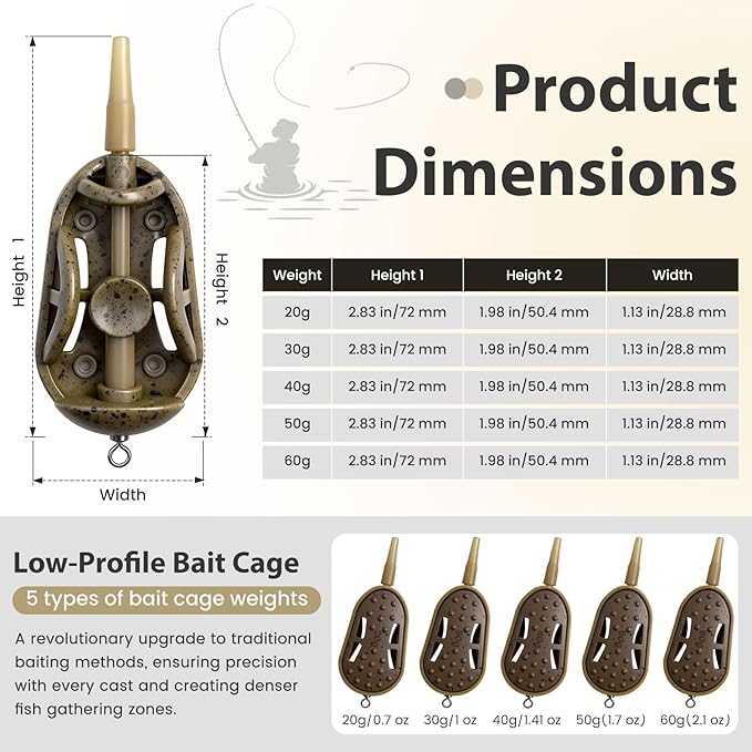 YOTO Carp Fishing Method Feeders Set - 3 Pcs Inline Baiting Tool & Groundbait Sinker Cages with Easy-Press Compactor | Professional Carp Fishing Equipment for Coarse Fishing & Efficient Baiting