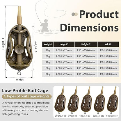 YOTO Carp Fishing Method Feeders Set - 3 Pcs Inline Baiting Tool & Groundbait Sinker Cages with Easy-Press Compactor | Professional Carp Fishing Equipment for Coarse Fishing & Efficient Baiting