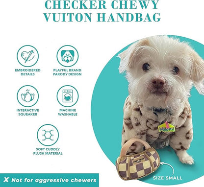 Haute Diggity Dog Checker Chewy Vuiton Handbag, Plush Designer Dog Toys with Interactive Squeaker, Stimulating Pet Enrichment, Machine-Washable & Safe Materials for All Breeds, Size Large