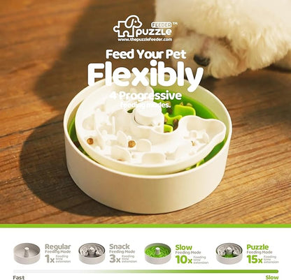 Puzzle Feeder Slow Feeder Dog Bowl for Puppies with Non-Slip Base - Adjustable Speed Design, Removable Puzzle Inserts & Dishwasher Safe, Green