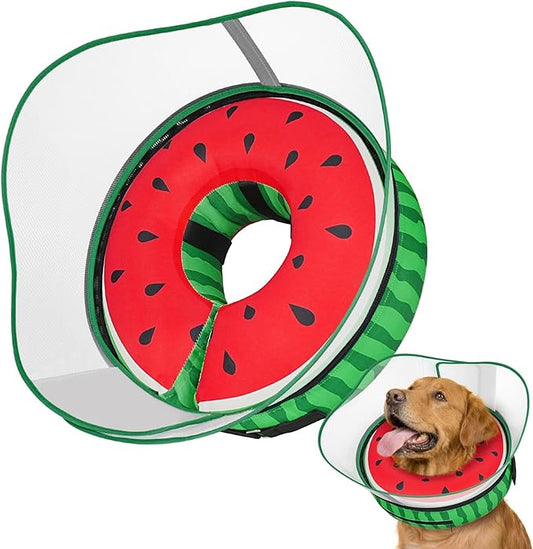 Raised Inflatable Dog Cone After Surgery - Adjustable Recovery Donut Collar with Neck Strap and Removable Anti-Licking Shield - Soft Dog Cone Alternative for Small Medium Large Dogs (Watermelon,XXL)