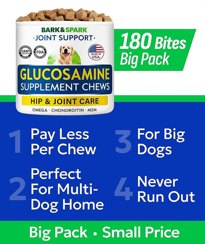 BARK&SPARK Glucosamine Chondroitin Dog Hip & Joint Supplement - Joint Pain Relief - Hip & Joint Chews - Joint Support Large Small Breed - Senior Doggie Vitamin Pill Joint Health (180 Treats - Bacon)