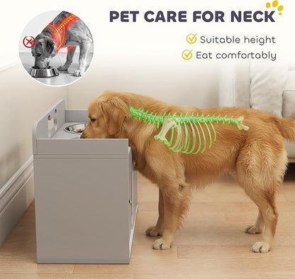 PawHut Elevated Dog Bowls with Storage, Raised Dog Bowl Stand with 2 Stainless Steel Food Dishes and Slow Feeder, Pet Feeding Station for Large Breeds, Gray