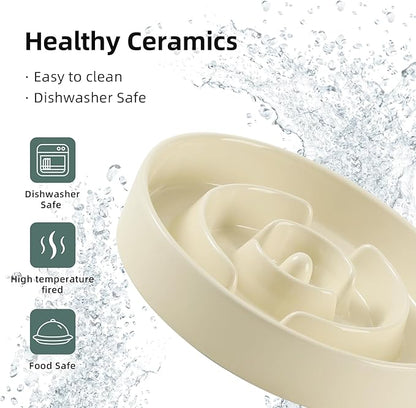 Ceramic 1.6 Cup Raised Slow Feeder Dog Bowl Set, Elevated Wooden Stand for Medium and Large Dog, 8.2inch Puzzle Slow Dish, Anti-Gulping(Beige, Single Bowl+ Stand)