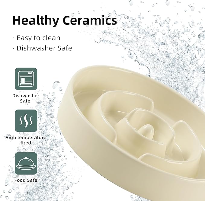 Ceramic 1.2 Cup Raised Slow Feeder Dog Bowl Set, Elevated 6.1inch Bowl and 7.3inch Puzzle Slow Food Dish with Wooden Stand for Medium and Small Dog, Anti-Gulping (2 x Beige+ Stand)