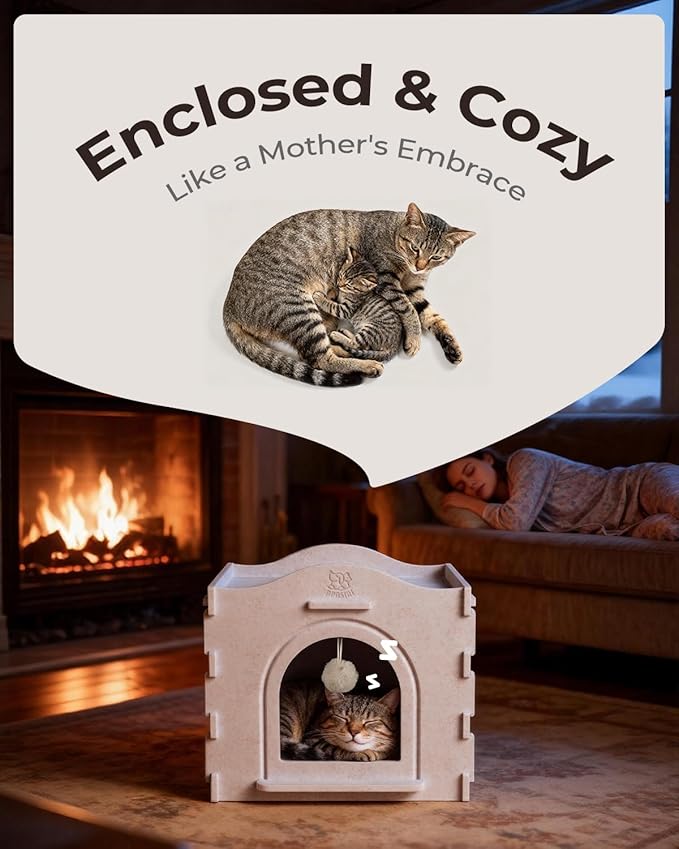Apasiri Indoor Cat Houses for Indoor Cats, Warm Insulated Covered Cat Cave for Indoor Cats House, Strong Scratch-Resistant Capacity, Sturdy Fiber, Compatible with Heating Pads, Cat