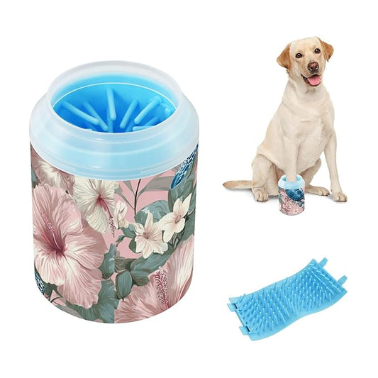 Dog Paw Cleaner Cups for Dogs Pets Foot Washer Paw Scrubber for Medium Small Dogs Cats Cleaning Cup Sea Turtles and Pink Hibiscus