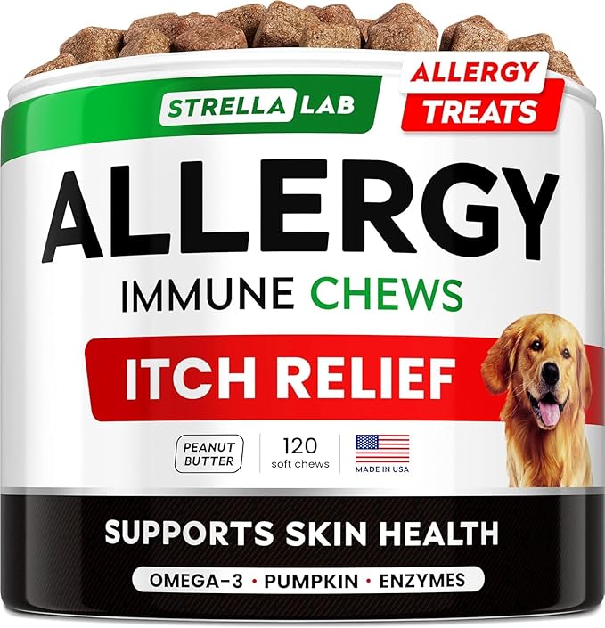 StrellaLab Dog Allergy Relief & Anti Itch Support Chews w/Omega 3: Real Ingredients, Real Taste! Skin & Coat Immune Supplement w/Fish Oil, Pumpkin & Enzymes — Developed by Experts - Made in USA -120Ct